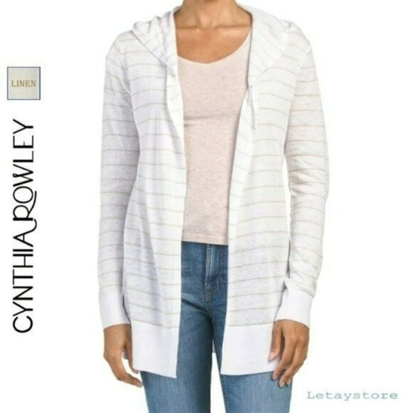 NWT Cynthia Rowley Lightweight Linen Blend Striped Hooded Cardigan - Picture 1 of 7